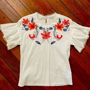 Thml white flutter sleeve embroidered top